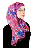magenta, red and royal blue flower print over a fuchsia lycra amira hijab and matching satin trim