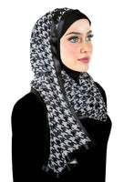 black and white houndstooth print with black lycra underhijab and matching black satin trim