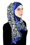 royal blue, chartreuse green and white abstract print with royal blue lycra base hijab and matching satin trim