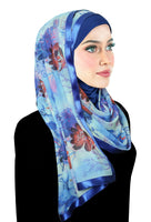 royal blue and red asian floral with royal blue underhijab and matching satin trim