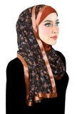 petite flowers on black background print with copper color lycra underhijab and matching satin trim