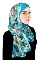 turquoise abstract print with turquoise lycra under hijab with matching satin trim