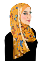 colorful butterflies on a golden yellow background, lycra under hijab and the matching satin trim