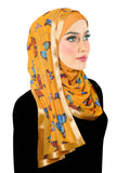 colorful butterflies on a golden yellow background, lycra under hijab and the matching satin trim