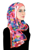 light salmon pint lycra under hijab with matching satin trim. The print are bold pink, turquoise, yellow and magenta abstract