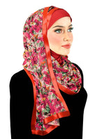 magenta meadows floral print with matching poppy red lycra under hijab and matching satin trim