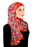 magenta meadows floral print with matching poppy red lycra under hijab and matching satin trim
