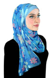 1970s retro flowers in shades of sky blue and pink with sky blue lycra under hijab and matching satin trim