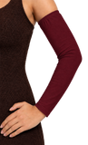 burgundy Adult arm sleeve covers with upper arm elastic and hemmed at the wrist
