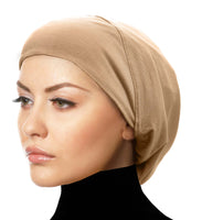 women's beige cotton snood cap hair cover beanie or hair loss cap for cancer patients or alopecia baldness