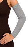 heather gray Adult arm sleeve covers with upper arm elastic and hemmed at the wrist