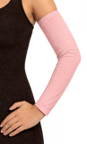pink color Adult arm sleeve covers with upper arm elastic and hemmed at the wrist