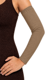 tan Adult arm sleeve covers with upper arm elastic and hemmed at the wrist