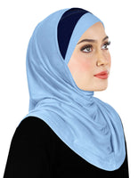 winter blue sport hijab cotton for muslim woman with navy blue pleats at the forehead