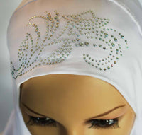 closeup of rhinestones on the ruched cascade amira hijab