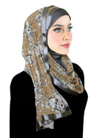 Stylish mona head scarf wrap with lycra hood and long printed chiffon wrap in gray and beige with gray satin trim