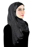 mini white dots on black long chiffon wrap over a black lycra underhijab