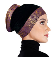 turban cap gold lame black velvet with purple pattern